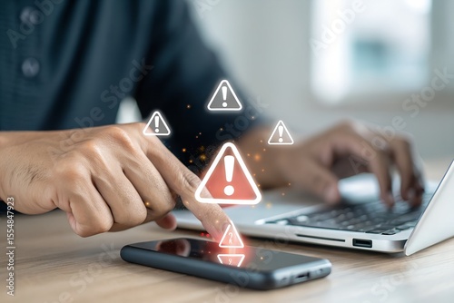 System warning alert on virtual interface with hand interaction. Concept of cybersecurity risk, data breach, malware, hacking, IT failure, and digital system vulnerability in modern technology.