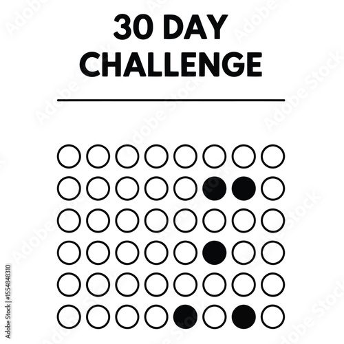 Minimalist black and white 30 day challenge tracker with progress circles and clean habit tracking layout