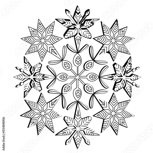 Intricate black and white snowflake mandala vector illustration with symmetrical geometric patterns in a detailed coloring book style