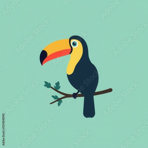 Minimalist  icon of a toucan on a branch. Clean, modern flat design with bold colors, ideal for a logo, web graphic, or branding element.