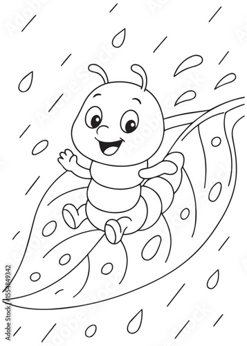 Coloring book page of a happy worm sliding on a leaf in the rain