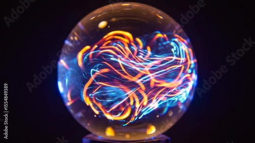 Vibrant energy patterns captured in a glass orb, showcasing colorful light trails and reflections