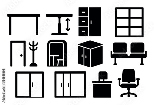 Office furniture solid icon set. desk, chair, cabinet, table, chair icons collection