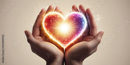 Ethereal Heart Held Gently in Hands with Red and Purple Hues

