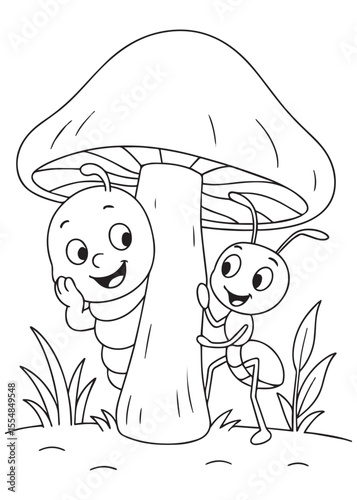 Coloring book page of two worms playing near a mushroom