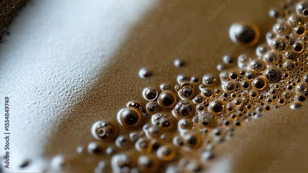 Macro video of tiny coffee bubbles forming and bursting on surface of freshly brewed cup