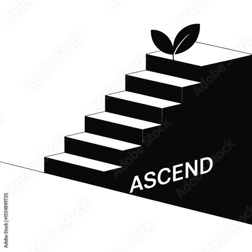 Minimalist black and white vector illustration of stylized stairs ascending with a leaf symbolizing achievement and the word "Ascend"