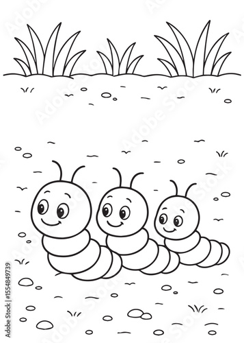 Coloring book page of three worms crawling in a line outdoors.