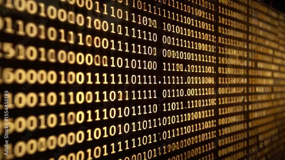 Mirrored digital display of scrolling binary numbers across large black screen