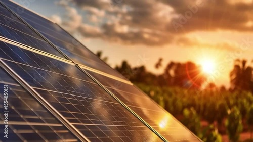 Solar Panels Reflecting Sunset Over Green Fields Vibrant Showcase of Renewable Energy, Nature, and Sustainable Agriculture.