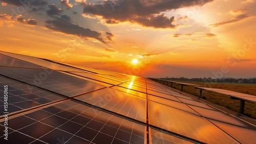 Stunning sunset reflection on solar panels in sky, showcasing renewable energy and clouds in beautiful landscape.