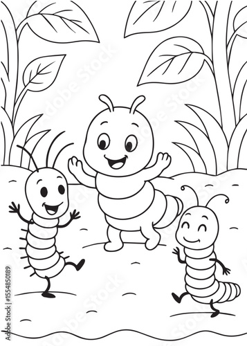 Coloring book page of worms talking happily together
