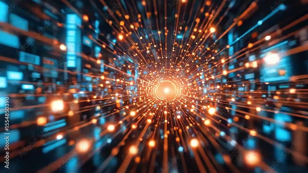 Point-of-view camera moving through dynamic network of animated data points