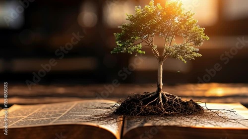 Tree with roots growing from open book symbolizes knowledge and growth, merging nature and sunlight in serene setting.