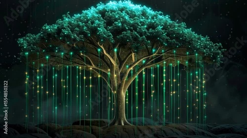 Magical glowing tree with luminous branches and cascading lights in dark nature, evoking wonder and tranquility.
