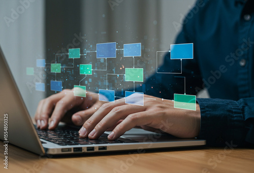 Digital Workflow Process Mapping and Data Flow Diagram Interface Above Laptop Representing Automation, System Architecture, and Business Flowchart Visualization