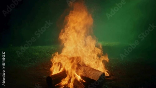 Bonfire Burning at Night - Green Fog Effect