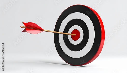 Red arrow hitting the center of a black and white target bullseye achieving success goals