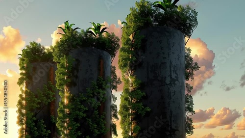 Three towering structures adorned with lush greenery and plants, harmoniously blending nature and architecture under vibrant sunset sky.