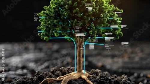 Digital Illustration of Resilient Tree with Glowing Roots and Branches, Symbolizing Growth and Technology in Natures Embrace.