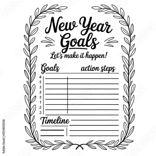 Printable black and white New Year goals sheet with sections and decorative laurel branches for planning
