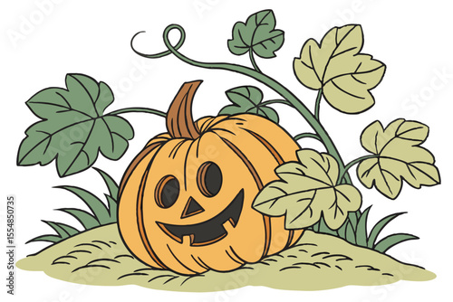 Hand-Drawn Pumpkin with Lush Leaf