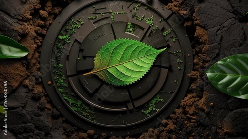Vibrant green leaf on circular black surface surrounded by soil, embodying nature, sustainability, and environment for greener future.
