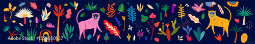 Vector colorful illustration with tropical flowers, leaves, monkey