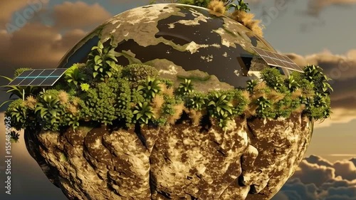 Floating Island with Lush Greenery, Solar Panels, and Clouds, Symbolizing Sustainability and Eco Friendliness in Nature and Environment.
