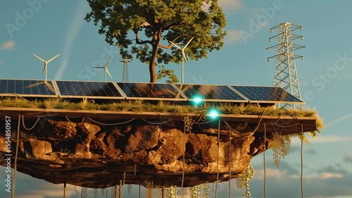 Floating Island Sustainable Innovation with Renewable Energy from Solar Panels, Wind Turbines, and Trees for Eco Friendly Future