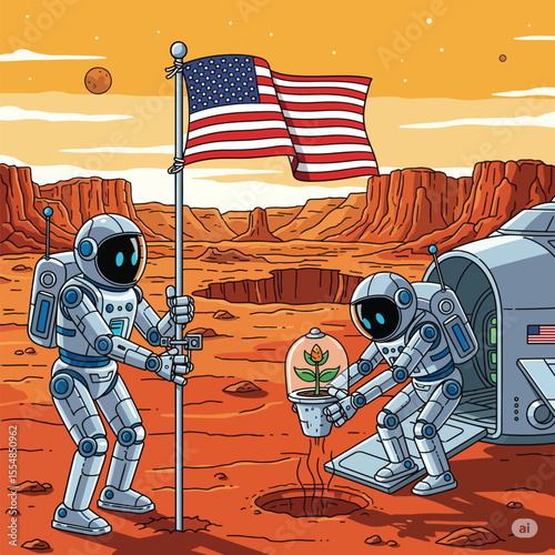 Astronauts on Mars Planting United States Flag and Growing Plant Illustration