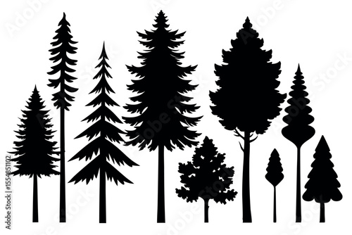 Forest Tree Silhouette Collection – Horizontal Pine Tree Panorama Backgrounds (Vector)