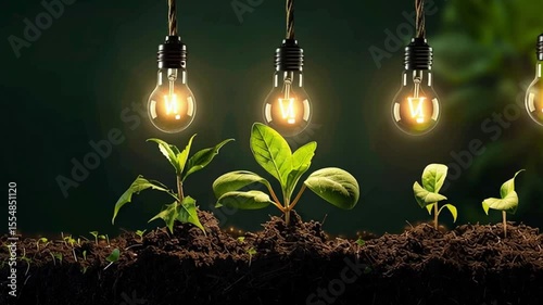 Light Bulbs Illuminate Green Plants in Rich Soil, Symbolizing Growth, Sustainability, and Natures Illumination for Brighter Future.