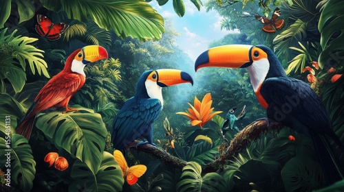 Colorful toucans and vibrant butterflies in a lush tropical rainforest during a sunny day surrounded by dense foliage and exotic flowers
