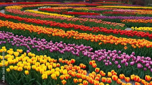 Vibrant field of tulips in various colors arranged in a beautiful pattern during springtime