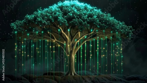 Glowing tree with luminous branches and vibrant leaves, cascading lights create magical atmosphere in dark, evoking tranquility and wonder.
