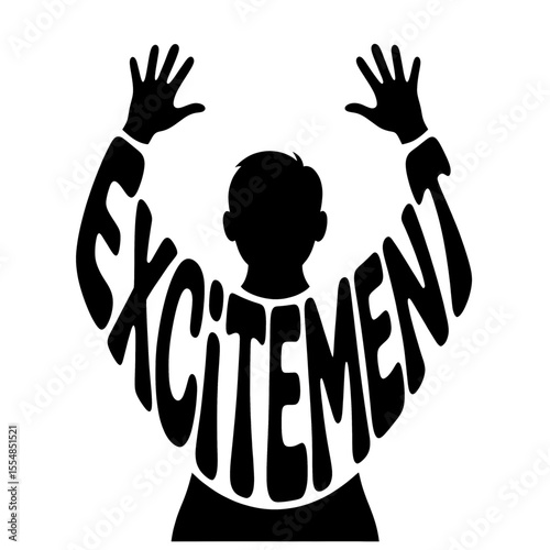 Silhouette of a person with raised hands forming the word excitement against a dark background