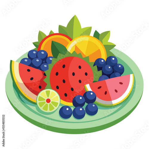 Flat vector of fresh fruit platter with watermelon and berries, white background
