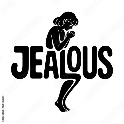 Illustration of a woman expressing feelings of jealousy through body language and design elements in a contrasting color scheme