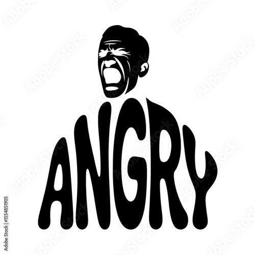Expression of intense anger depicted through bold typography and exaggerated facial features in a striking black and white design