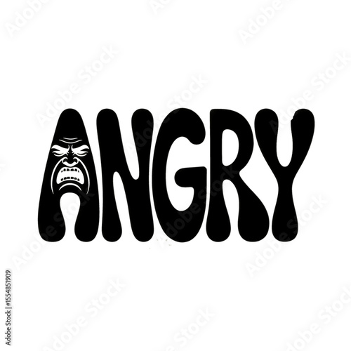 Expression of intense anger depicted through bold typography and exaggerated facial features in a striking black and white design