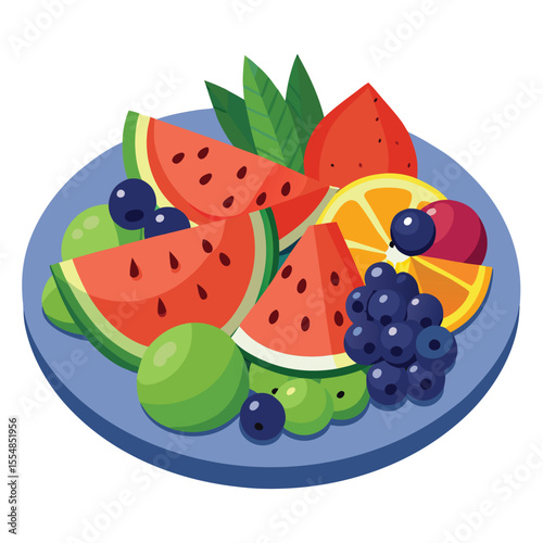 Flat vector of fresh fruit platter with watermelon and berries, white background
