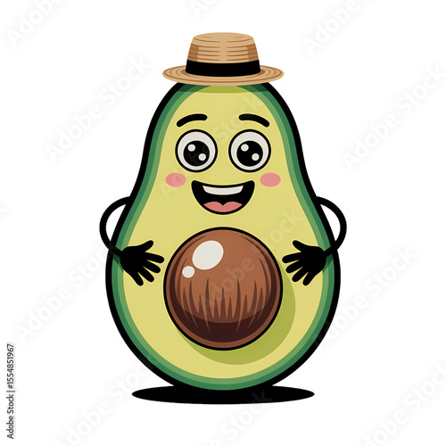 Cute cartoon avocado character wearing a straw hat and smiling with outstretched arms in a cheerful pose