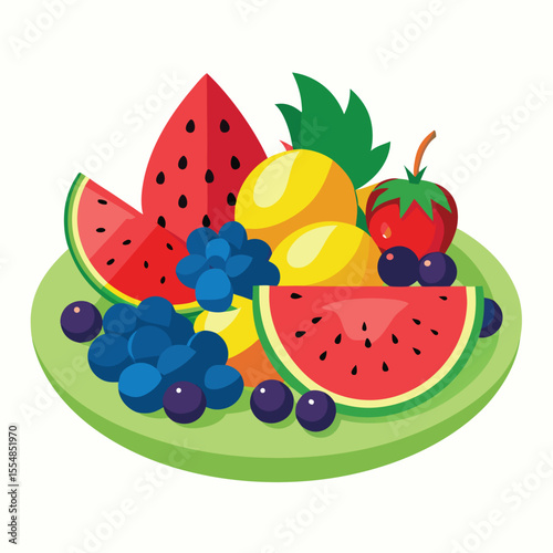 Flat vector of fresh fruit platter with watermelon and berries, white background
