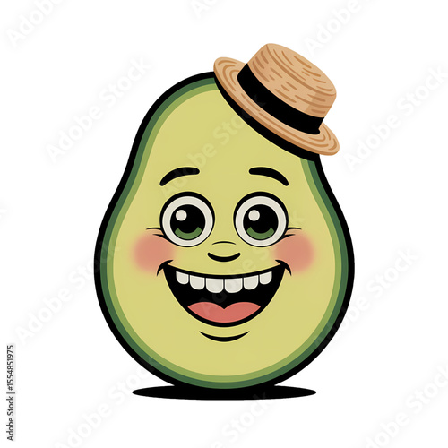 Cute cartoon avocado character wearing a straw hat and smiling with outstretched arms in a cheerful pose