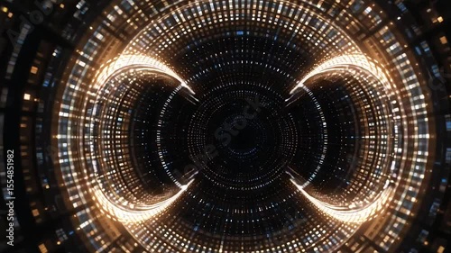 Symmetrical projection of binary light dots forming circular shapes on black hologram