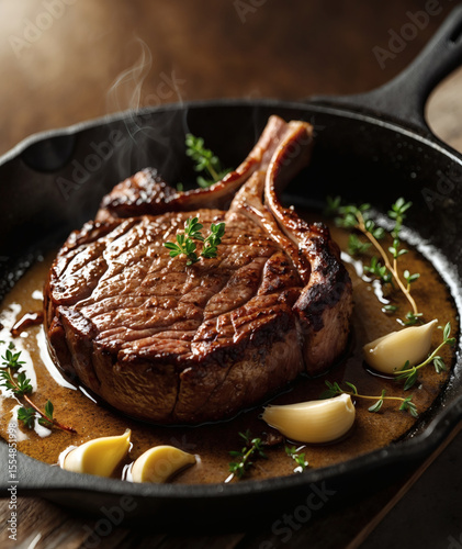 Sizzling steak in a cast iron skillet surrounded by fresh herbs and garlic on a rustic wooden table