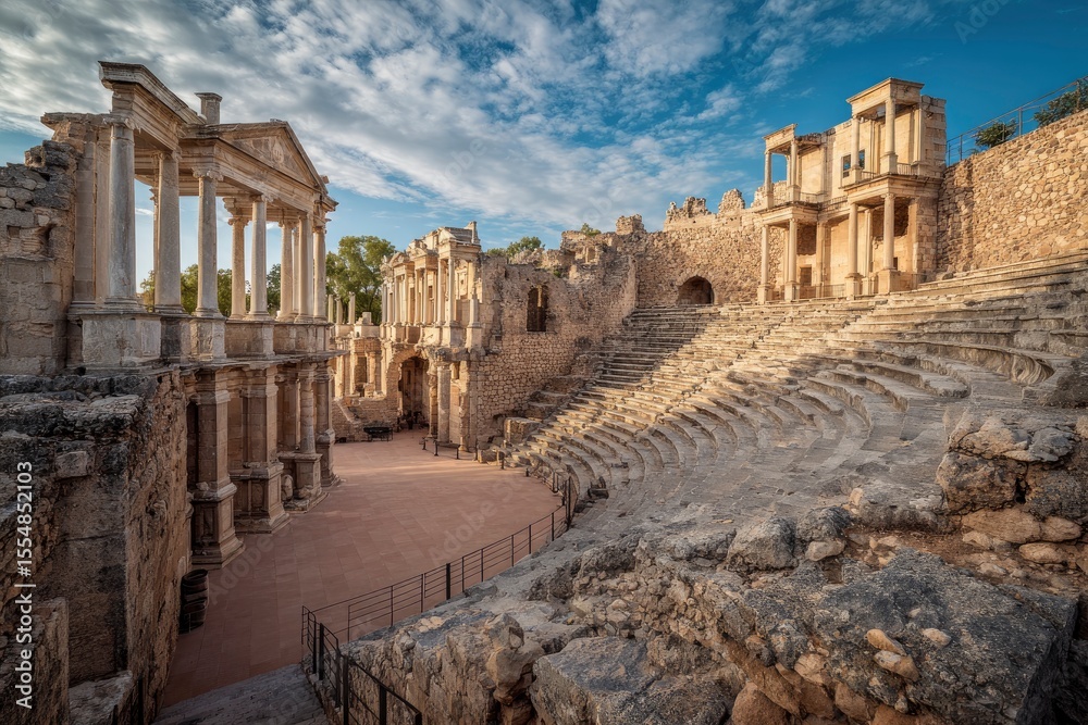 Fototapeta premium Ancient Roman theater ruins with tiered seating stone facade and classical architecture under a blue sky