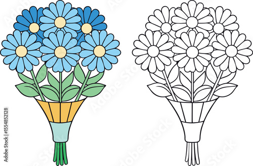 Blue daisy flower bouquet illustration with yellow centers green leaves and stems in a vase