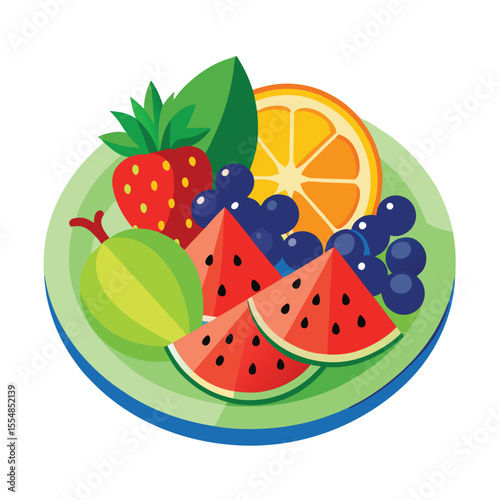 Flat vector of fresh fruit platter with watermelon and berries, white background
